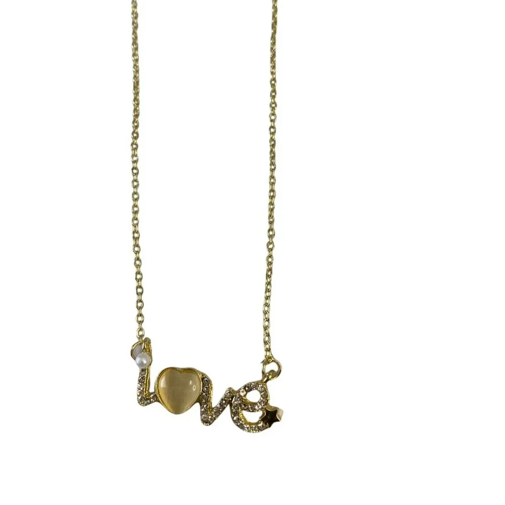 Bedazzled Love Letter Pendant Necklace Womens Gold‎ Tone Rhinestone Gemstones